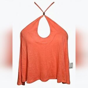 NWT Free People FP Long Weekend Tank Top Coral Orange Halter Knit Linen Boho XL